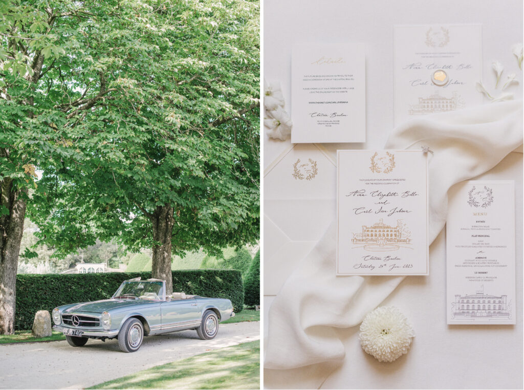 Destination wedding in France at Villa Baulieu featuring vintage provence car and beautiful wedding stationary.   