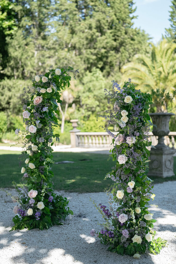 Floral wedding ceremony arch at Chateau Robernier